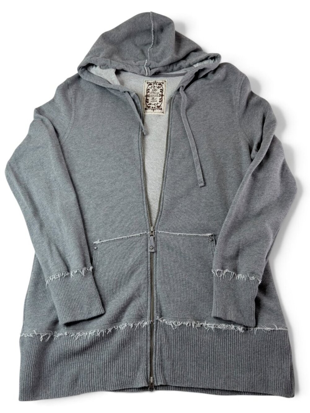 vintage y2k old navy distressed raw hem longline zip-up hoodie gray xl 2005